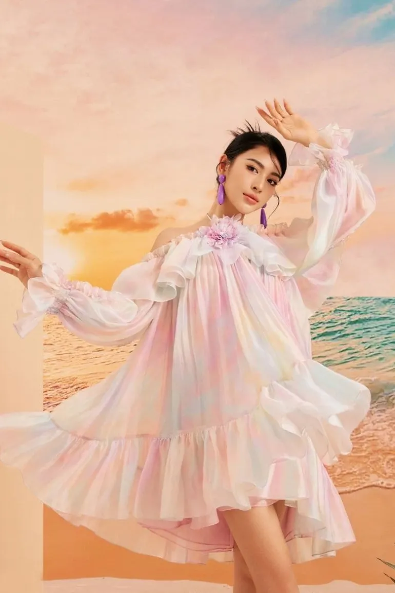 Dresses | Mini Dresses<CULT MIA SOPHIE SHINY SILK OFF SHOULDER MINI DRESS Rainbow