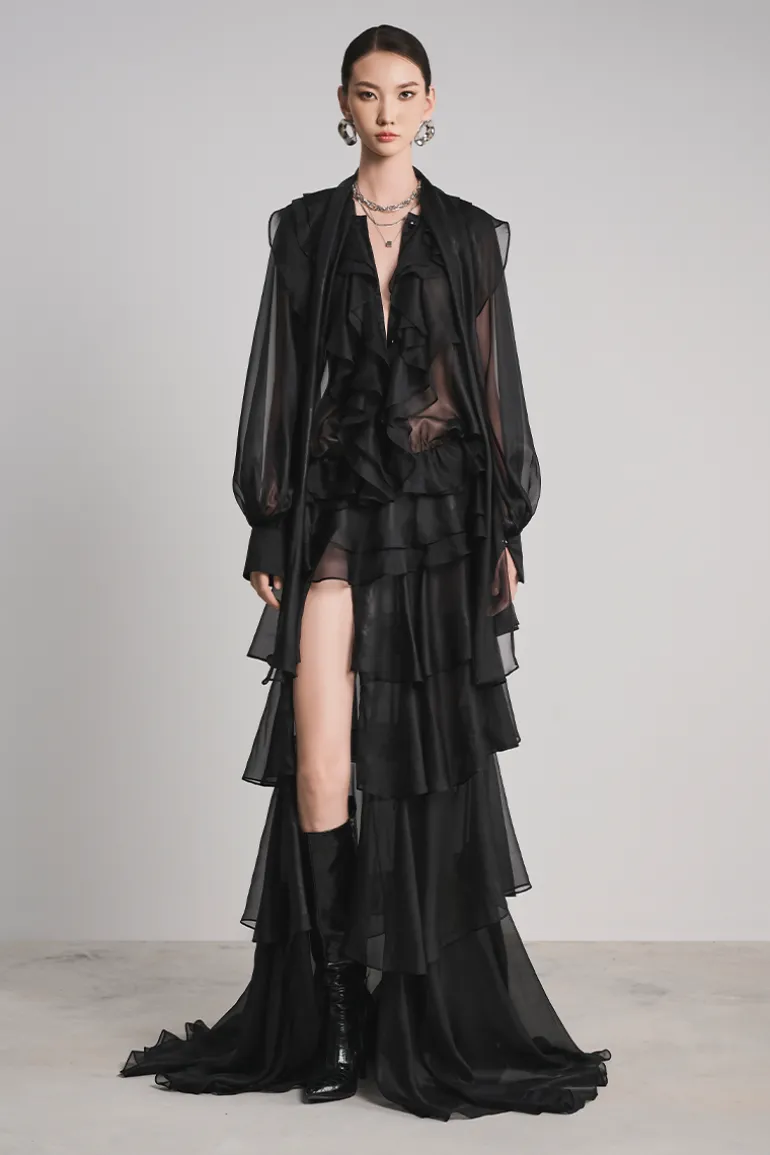 Dresses<CULT MIA RAVEN LUXE RUFFLES MAXI DRESS IN Black