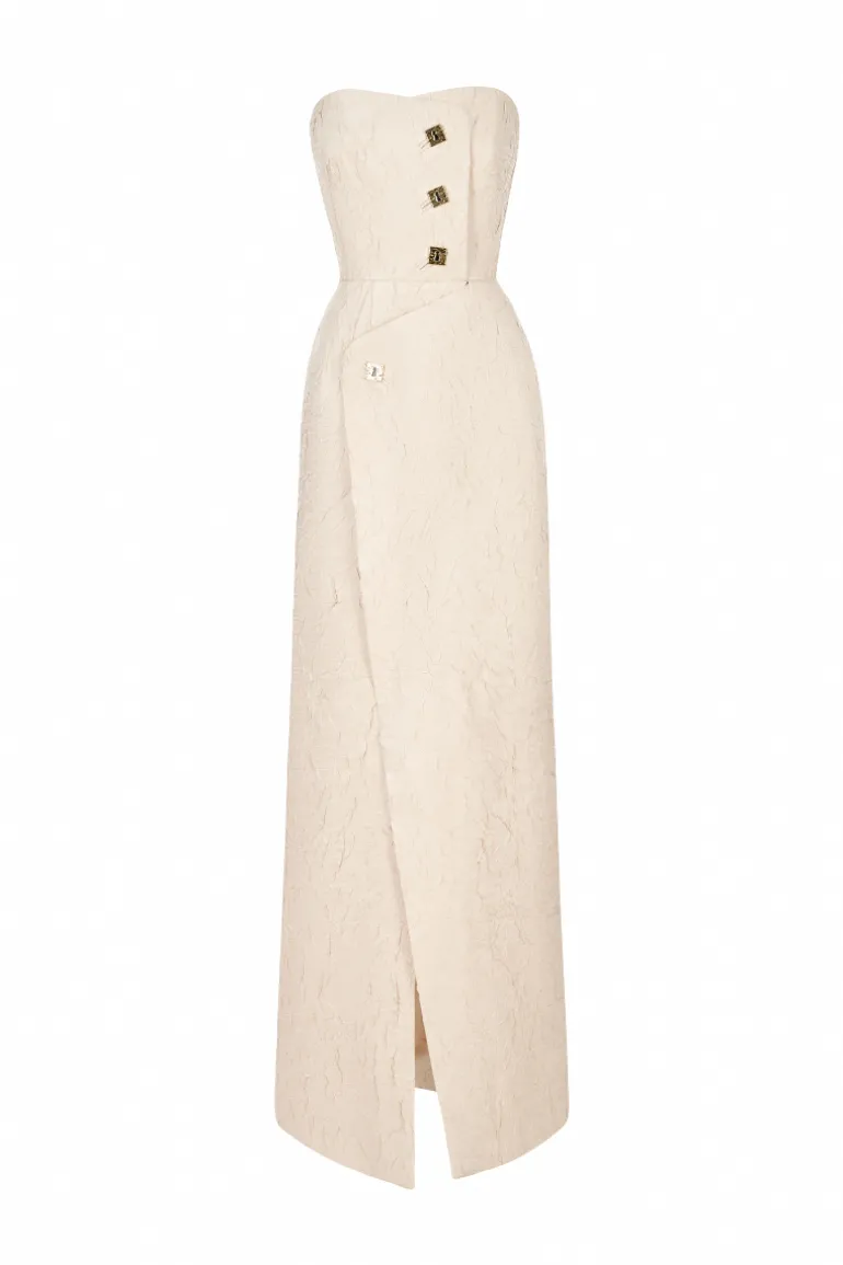 Dresses<CULT MIA REAGAN STRAPLESS SEMI-HEART NECK MAXI DRESS Beige