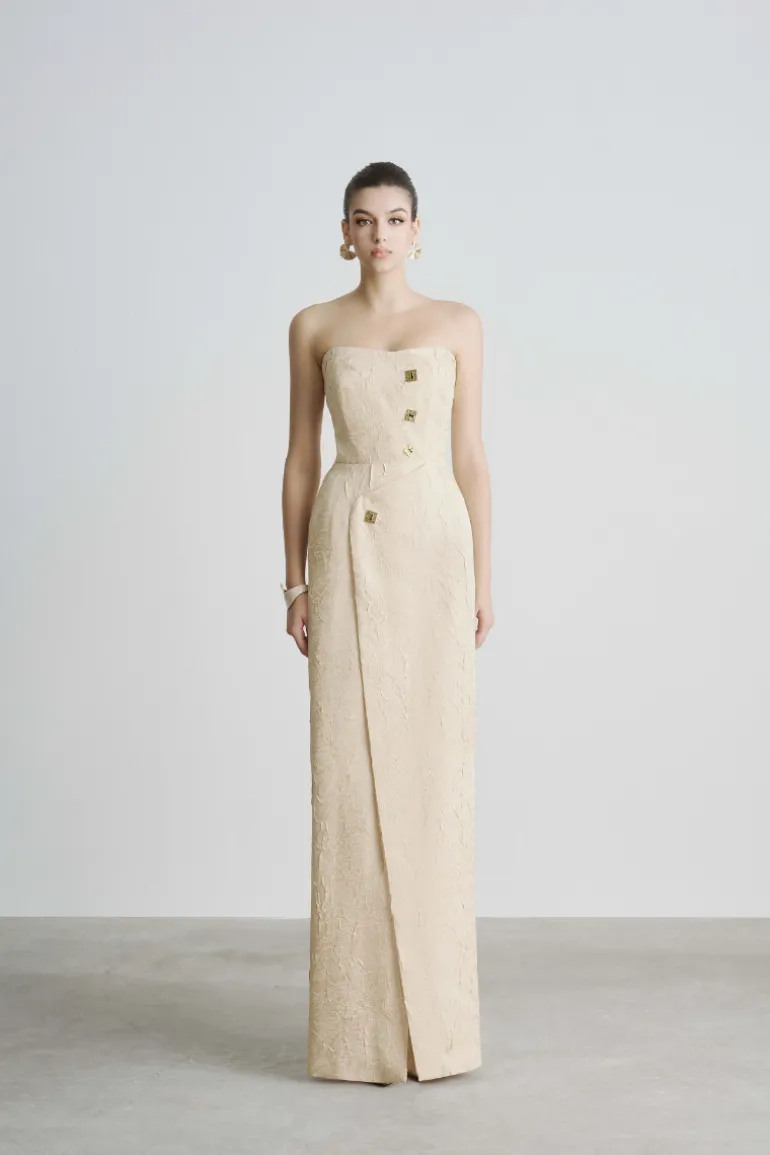 Dresses<CULT MIA REAGAN STRAPLESS SEMI-HEART NECK MAXI DRESS Beige