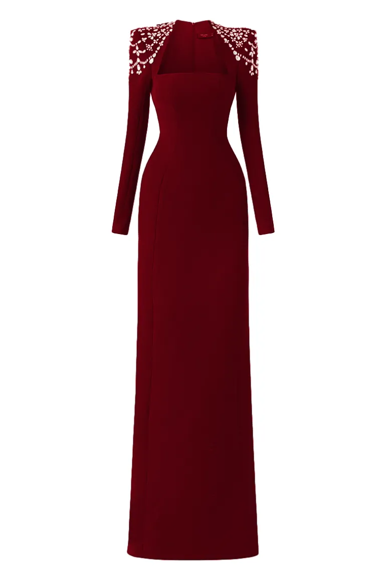 Dresses<CULT MIA LONG SLEEVE TRAPEZOID NECKLINE BODYCON FULL DRESS Red