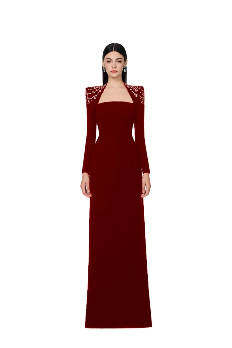 Dresses<CULT MIA LONG SLEEVE TRAPEZOID NECKLINE BODYCON FULL DRESS Red