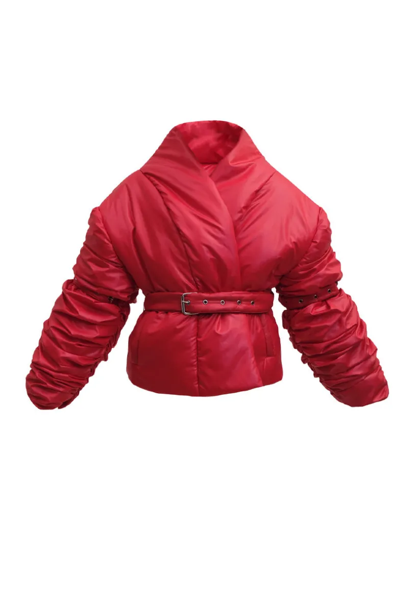 Jackets<CULT MIA RUCHED SLEEVE PUFFER JACKET Red