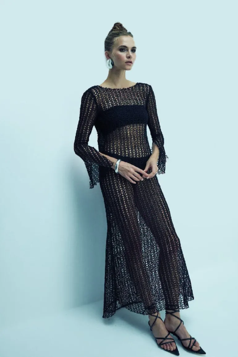 Dresses<CULT MIA RIONA OPEN-BACK CROCHET LONG DRESS Black