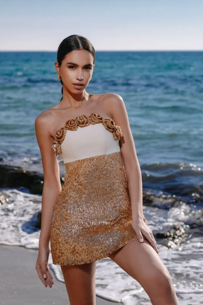 Dresses | Mini Dresses<CULT MIA ROSE APPLIQUÉ SEQUINNED MINI DRESS Bronze Gold/Cream