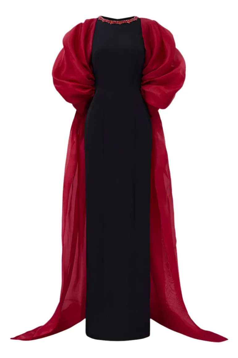 Dresses | Gowns<CULT MIA ROUND NECKLINE SCUBA GOWN WITH DRAPED SLEEVES ORGANZA Black