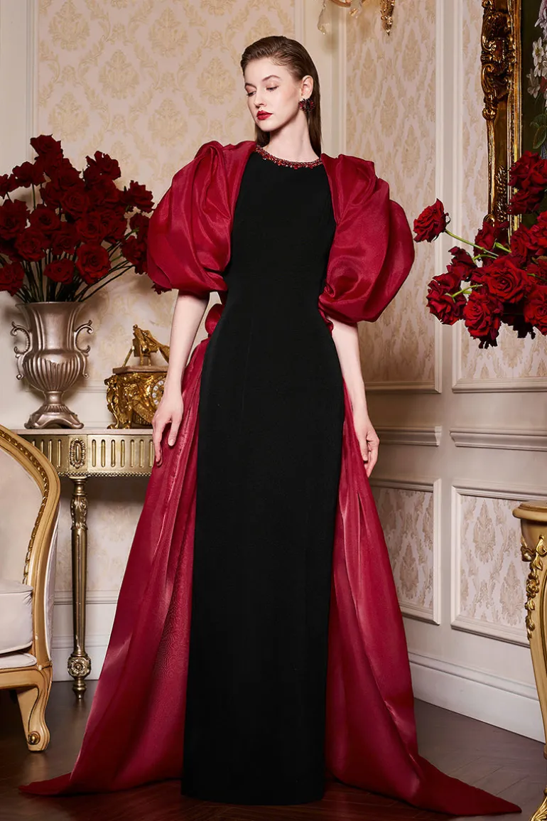 Dresses | Gowns<CULT MIA ROUND NECKLINE SCUBA GOWN WITH DRAPED SLEEVES ORGANZA Black