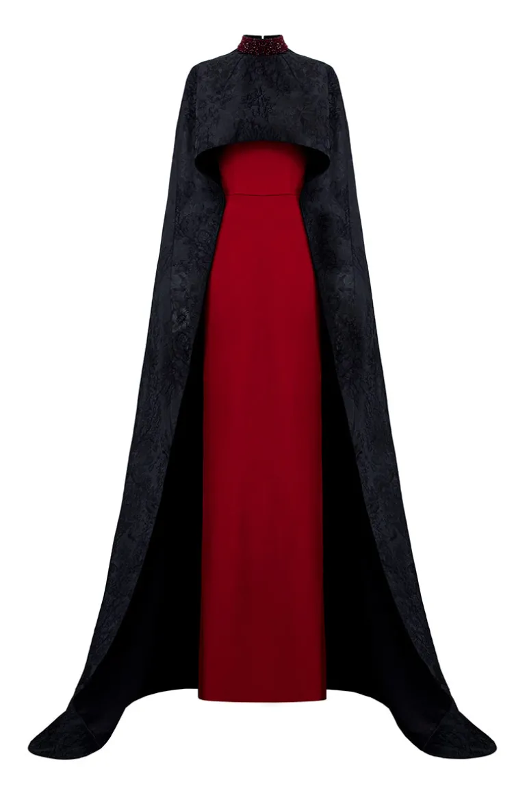 Dresses | Gowns<CULT MIA ROUND NECKLINE SLEEVELESS GOWN WITH ROSE JACQUARD LONG CAPE Black