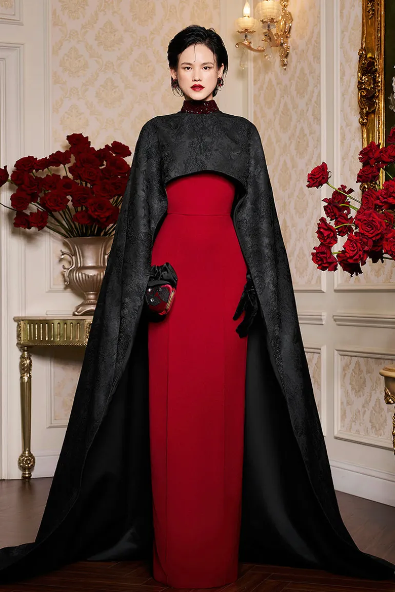 Dresses | Gowns<CULT MIA ROUND NECKLINE SLEEVELESS GOWN WITH ROSE JACQUARD LONG CAPE Black