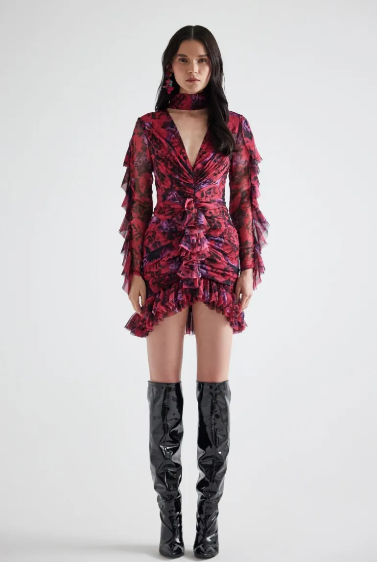 Dresses | Mini Dresses<CULT MIA RUFFLED FLORAL PATTERNED MINI DRESS IN FUCHSIA FLORAL Multicolor