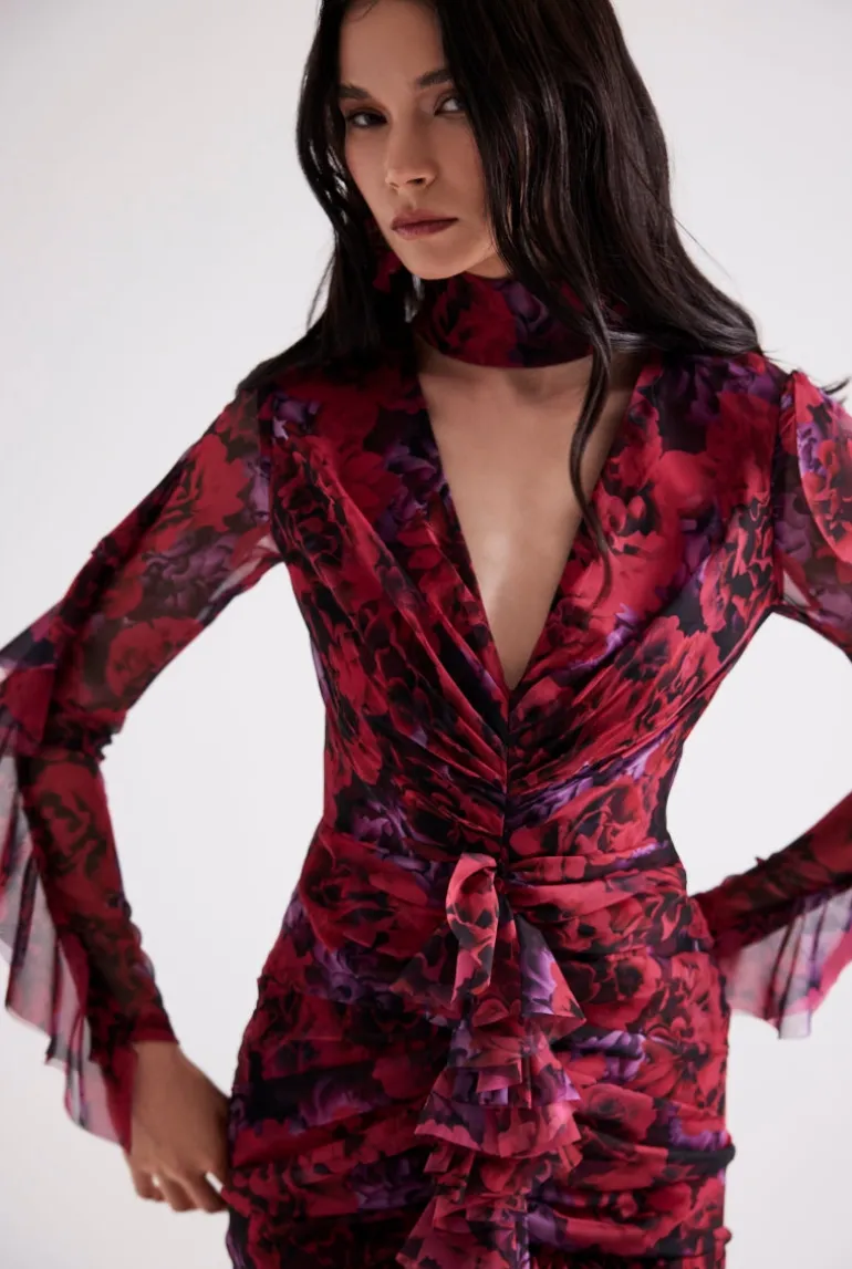 Dresses | Mini Dresses<CULT MIA RUFFLED FLORAL PATTERNED MINI DRESS IN FUCHSIA FLORAL Multicolor