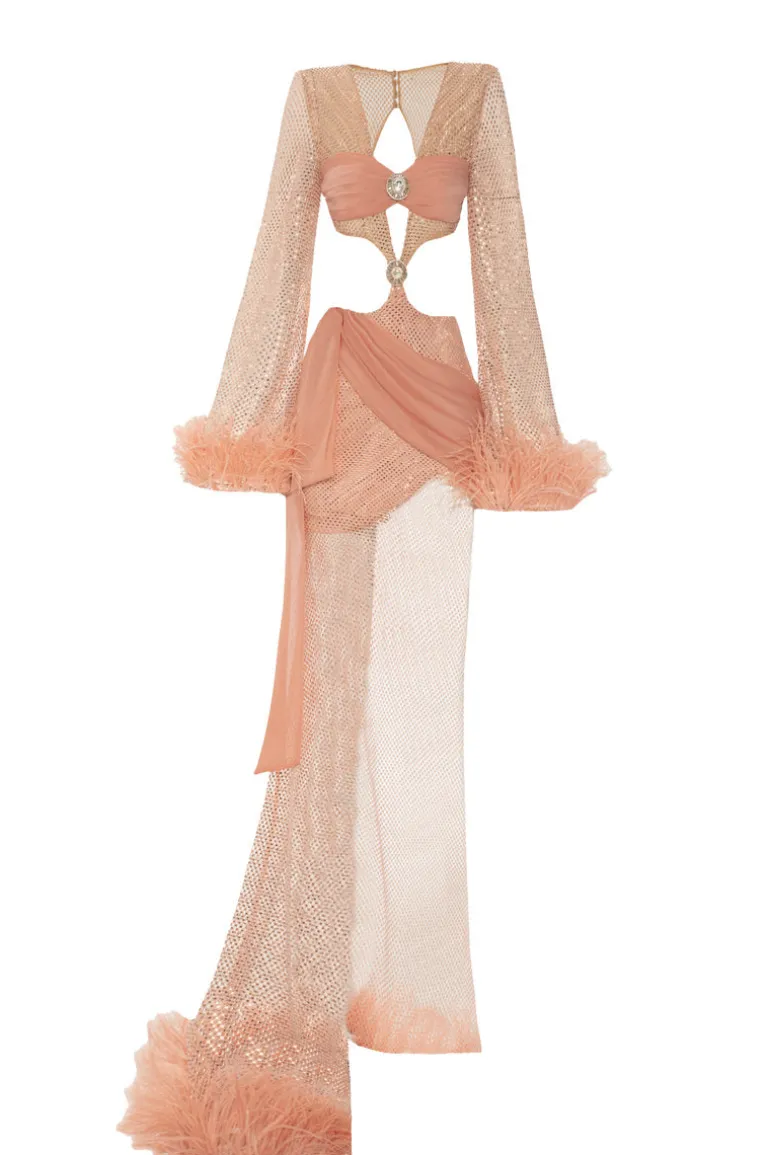 Dresses<CULT MIA HANDMADE STONE PRINTED FEATHER DETAILED ASYMMETRIC DRESS Salmon