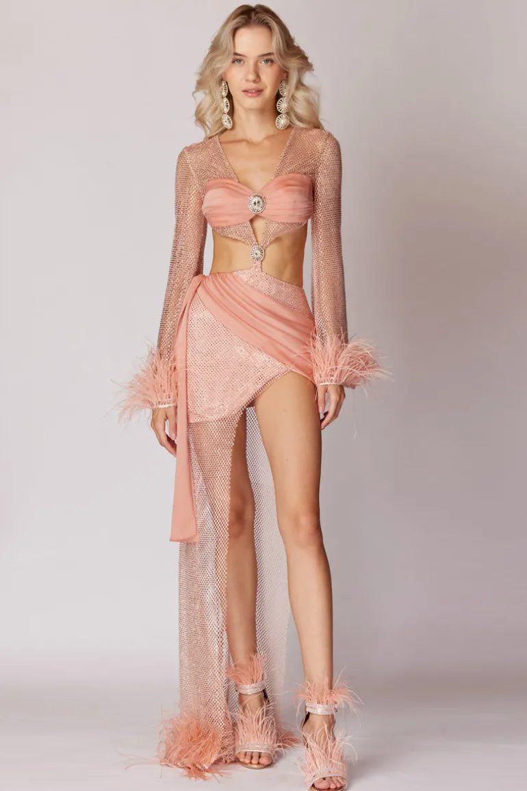 Dresses<CULT MIA HANDMADE STONE PRINTED FEATHER DETAILED ASYMMETRIC DRESS Salmon