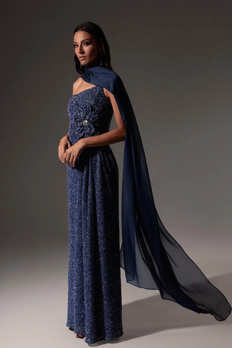Dresses | Gowns<CULT MIA SEQUIN SILK EMBROIDERED GOWN Navy Blue