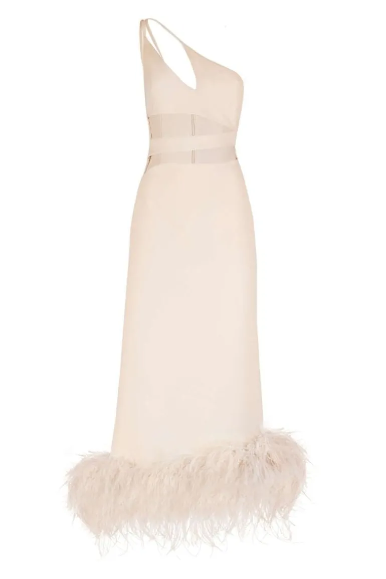 Dresses<CULT MIA SERENA FEATHER-TRIMMED CREPE MAXI DRESS Nude