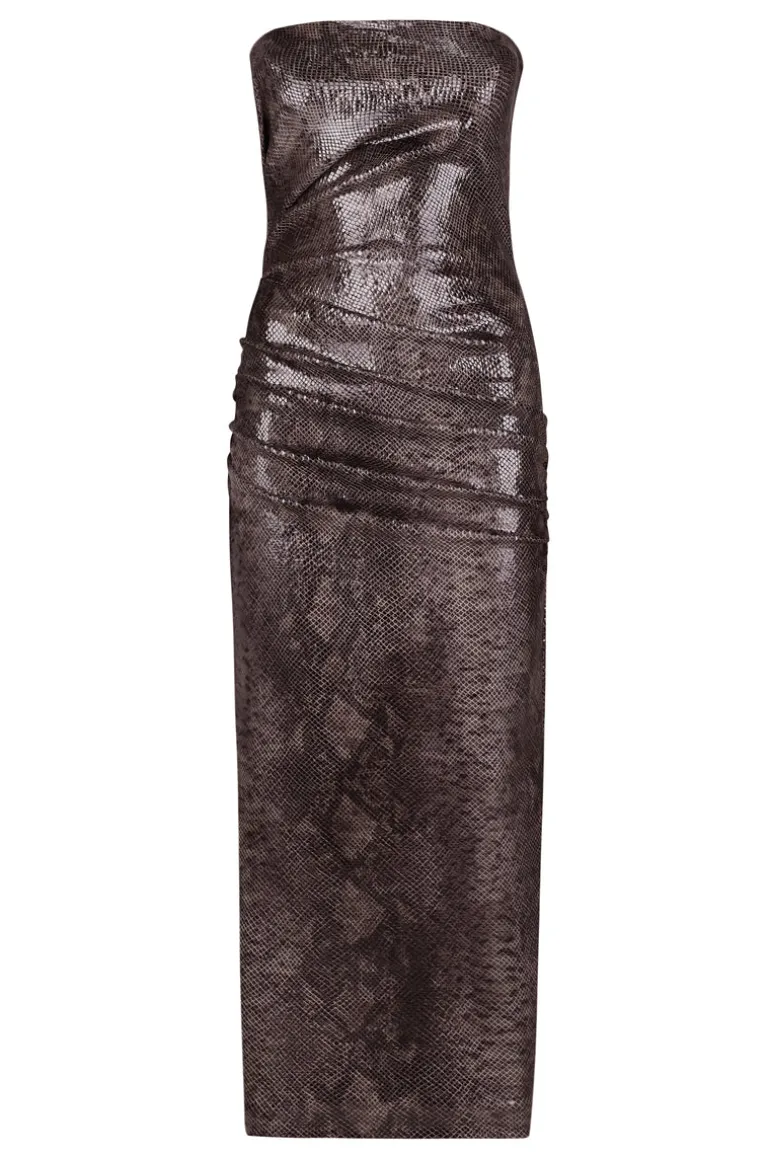 Dresses | Midi Dresses<CULT MIA SERPENT STRAPLESS FAUX LEATHER MIDI DRESS Brown