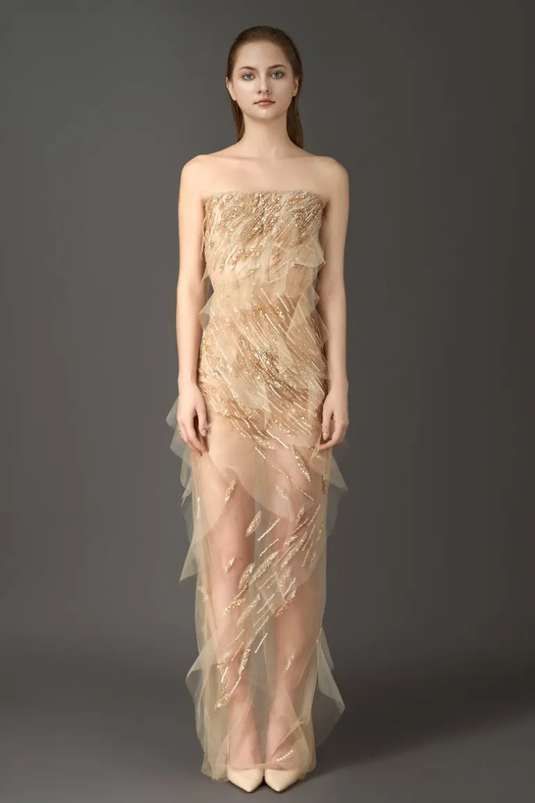 Dresses<CULT MIA SHEER SILK DRESS WITH EMBROIDERED Nude