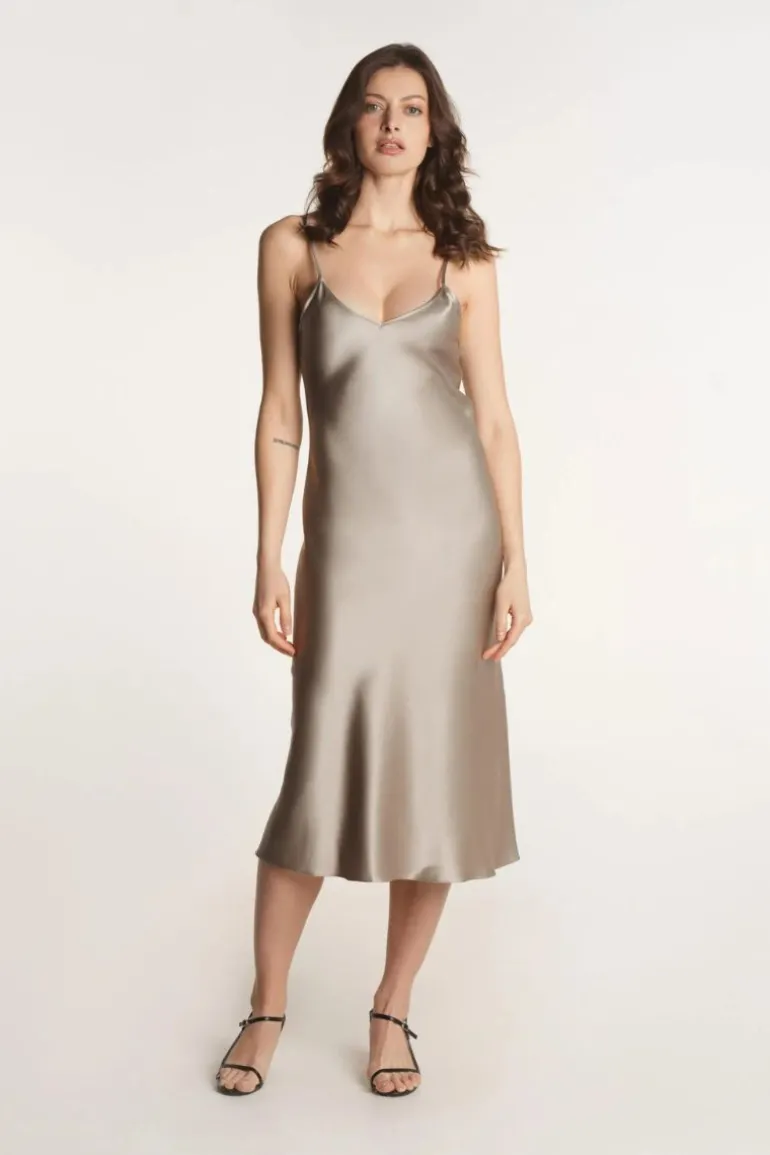 Dresses | Midi Dresses<CULT MIA SHERYL V-NECK SILK SATIN MIDI DRESS Pearl-Grey