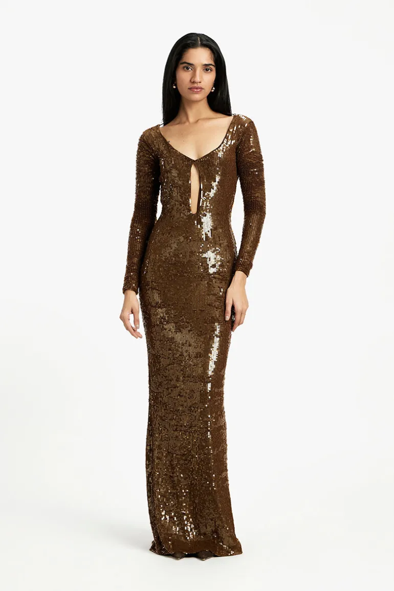 Dresses<CULT MIA SHIMMER SEQUIN MAXI DRESS Brown