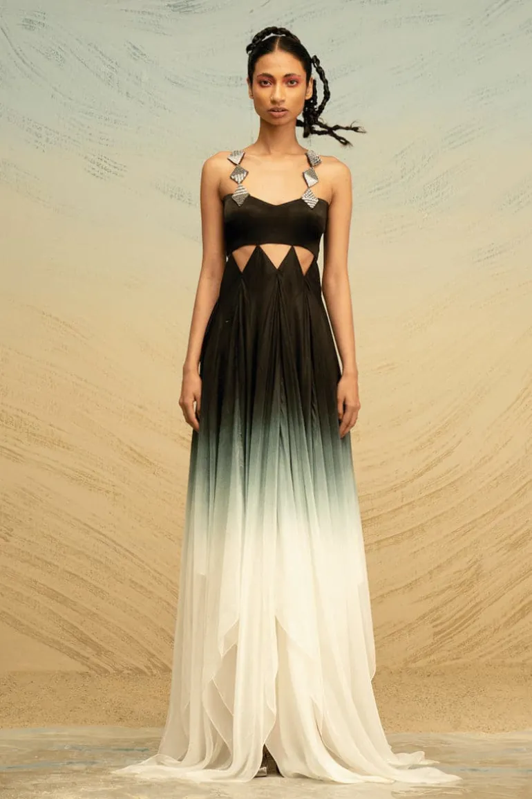 Dresses<CULT MIA SILK GRADIENT MAXI DRESS WITH SEQUIN STRAPS Black-Ivory