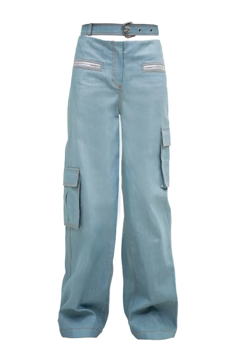 Pants<CULT MIA SILVER-DETAILED LOW-RISE DENIM PANTS Cadet Blue