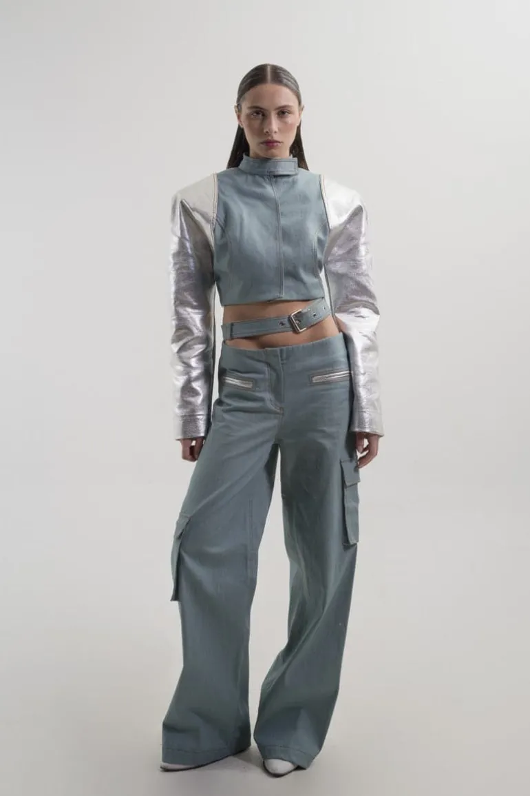 Pants<CULT MIA SILVER-DETAILED LOW-RISE DENIM PANTS Cadet Blue