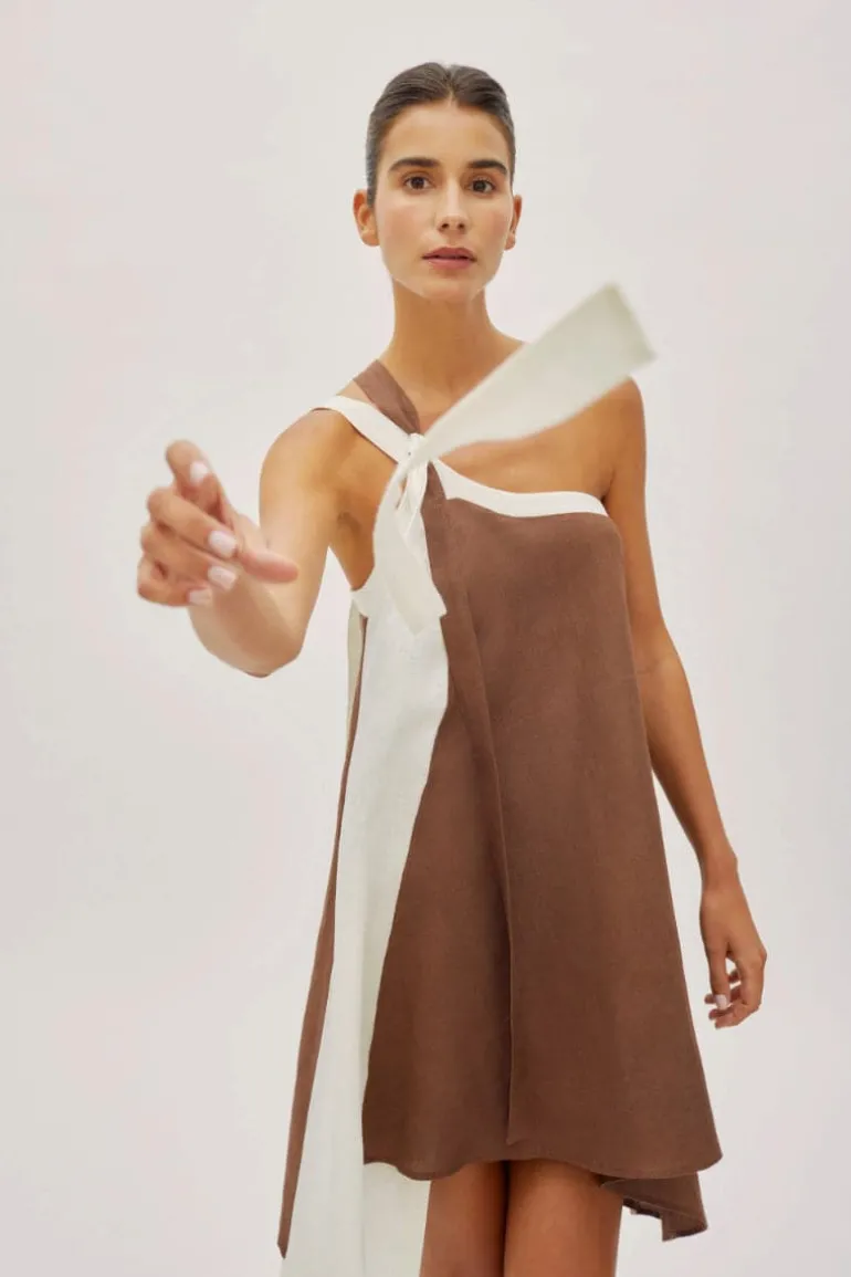 Dresses | Midi Dresses<CULT MIA SOLEIL TWO-TONE LINEN BELT DRESS Cappuccino and Off-White