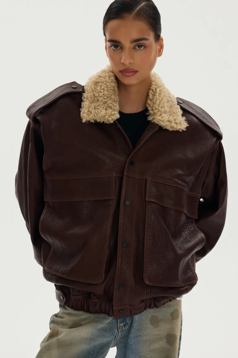 Jackets<CULT MIA SORA VINTAGE BOMBER LEATHER JACKET Brown