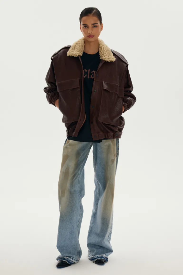 Jackets<CULT MIA SORA VINTAGE BOMBER LEATHER JACKET Brown
