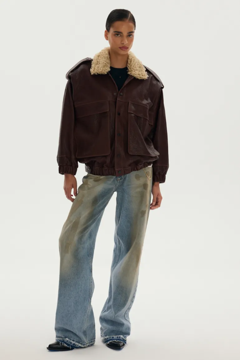 Jackets<CULT MIA SORA VINTAGE BOMBER LEATHER JACKET Brown