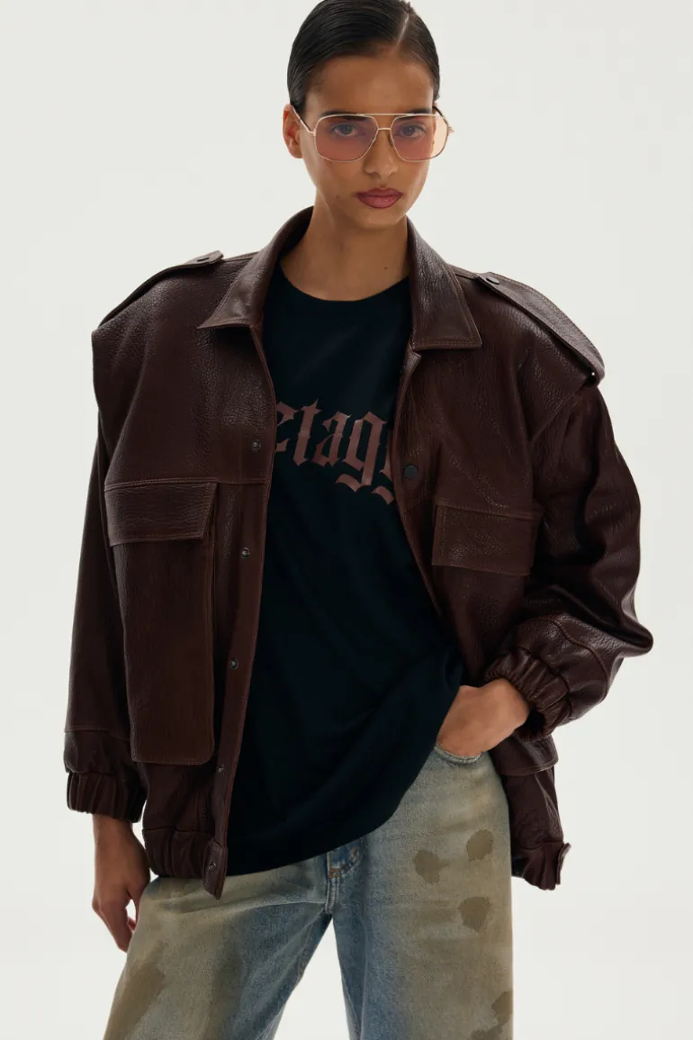 Jackets<CULT MIA SORA VINTAGE BOMBER LEATHER JACKET Brown