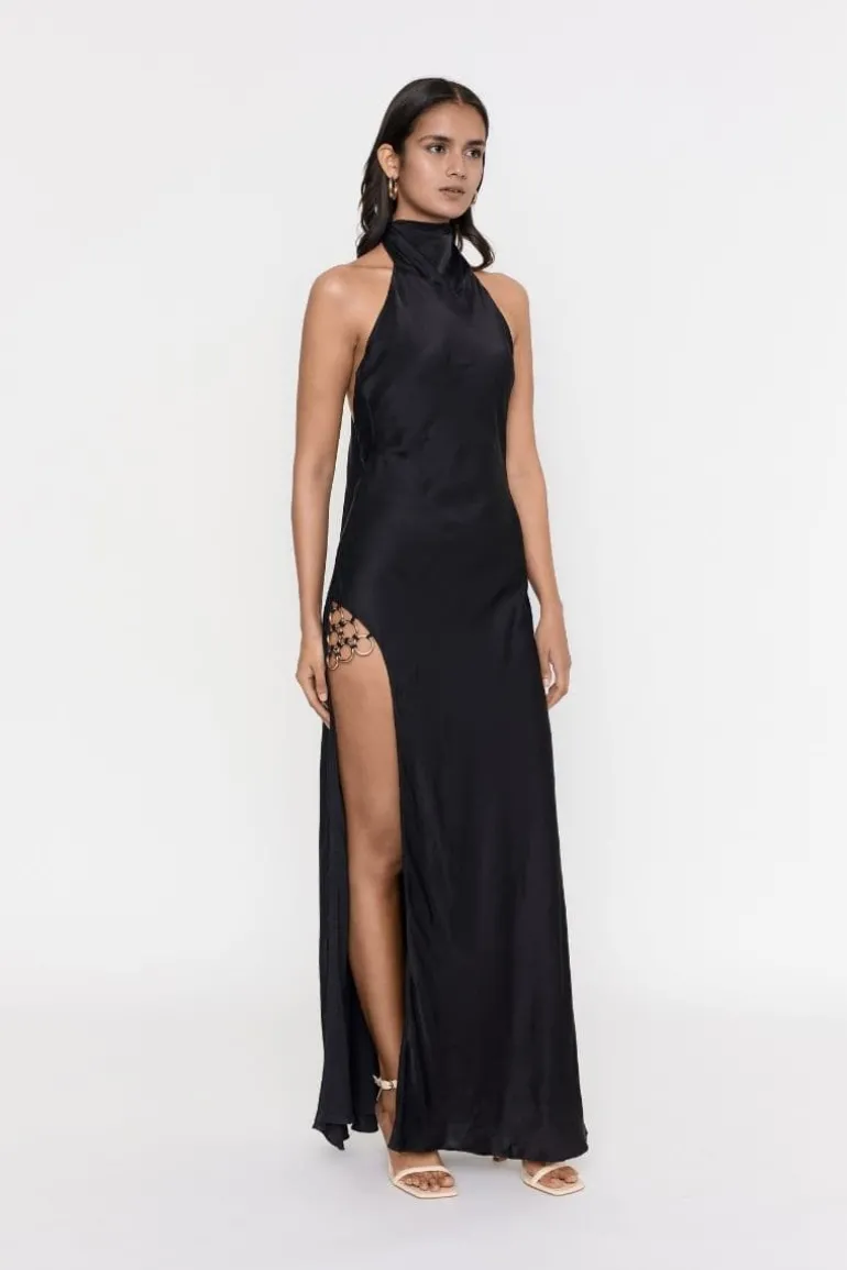 Dresses<CULT MIA STELLA SATIN HIGH-NECK MAXI DRESS Black