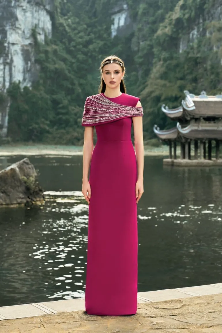 Dresses<CULT MIA STONE EMBELLISHED ASYMMETRIC CAPE GOWN Purple/Pink