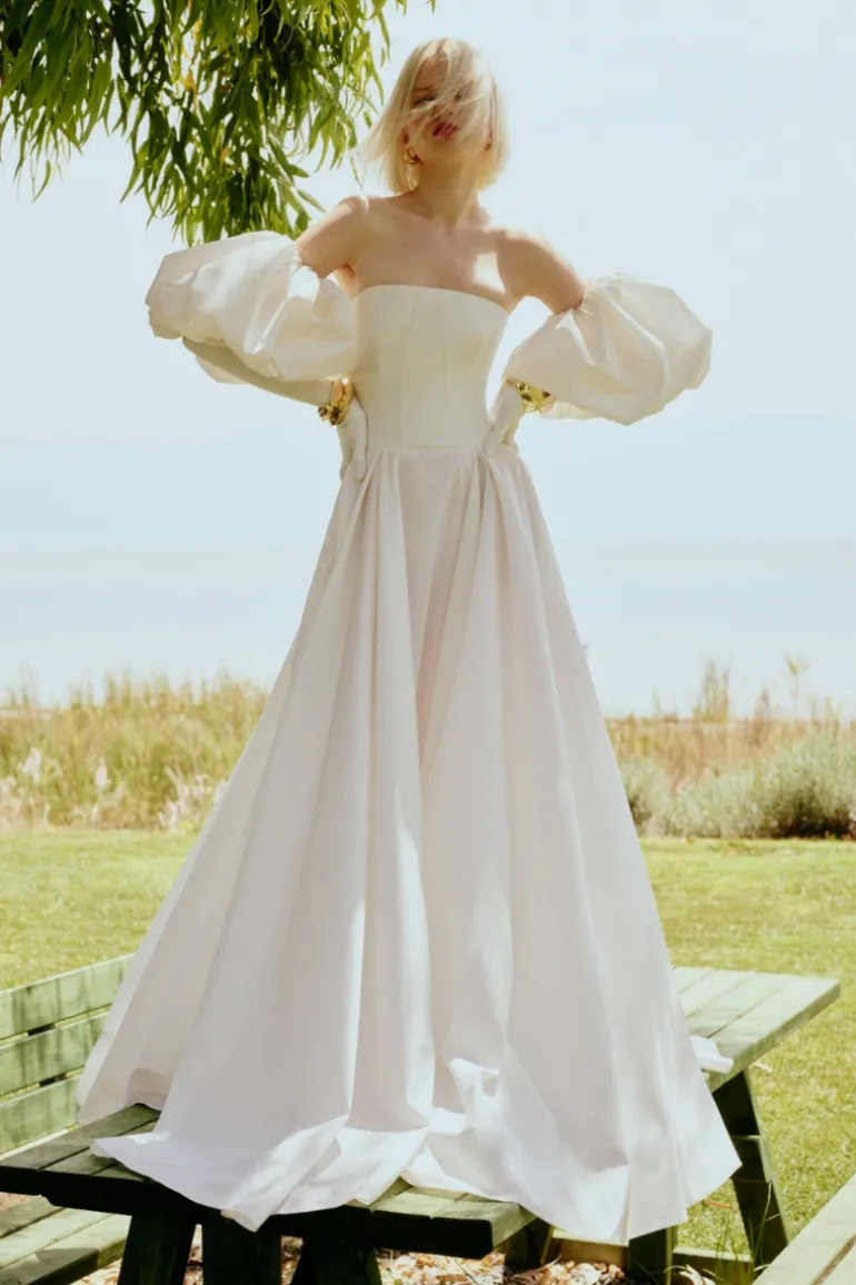 Dresses | Gowns<CULT MIA STRAPLESS MAXI CORSET DRESS WITH REMOVABLE PUFFY SLEEVES Ecru