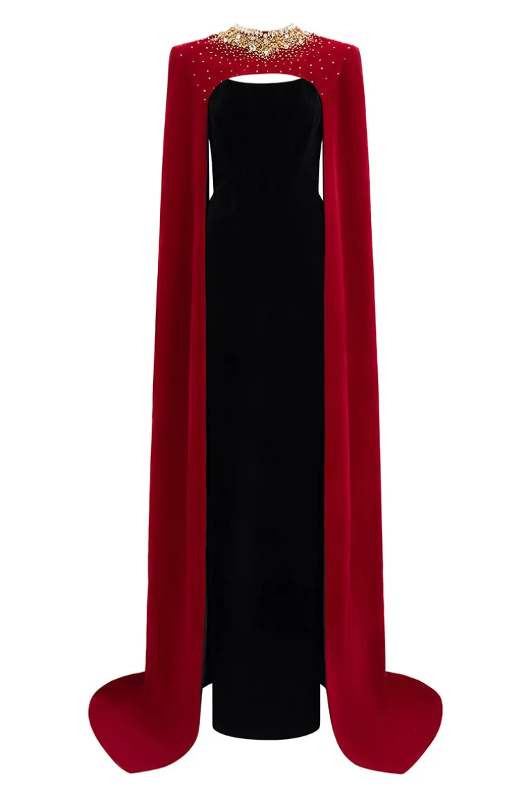 Dresses | Gowns<CULT MIA STRAPLESS RED VELVET CAPE GOWN Black & Red