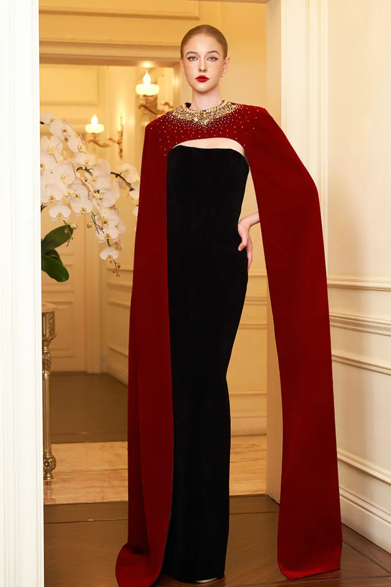 Dresses | Gowns<CULT MIA STRAPLESS RED VELVET CAPE GOWN Black & Red
