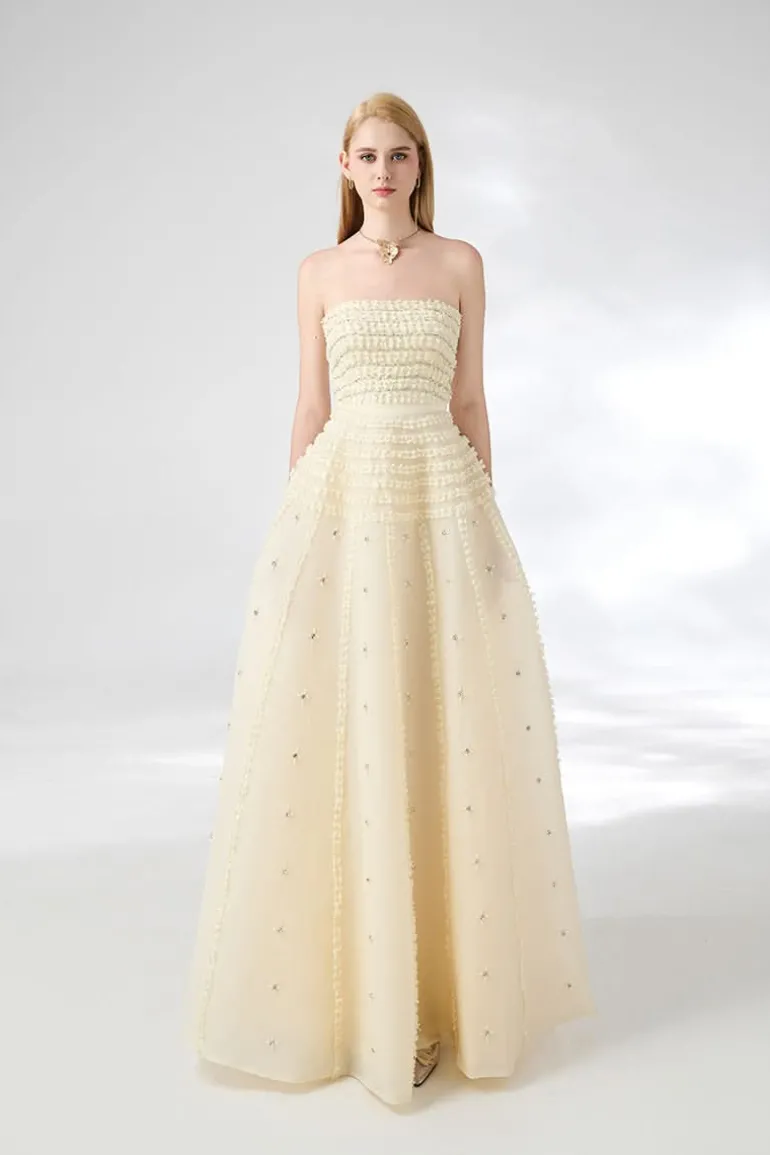 Dresses | Gowns<CULT MIA STRAPLESS STONE ORGANZA FLOOR LENGTH GOWN Beige