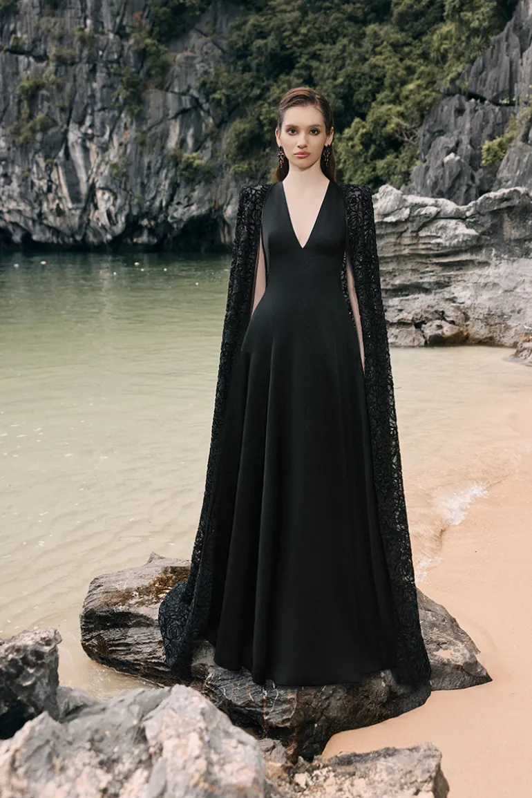 Dresses | Gowns<CULT MIA STYLIZED NECKLINE WAVY FLOWING CAPE SLEEVES DRESS Black