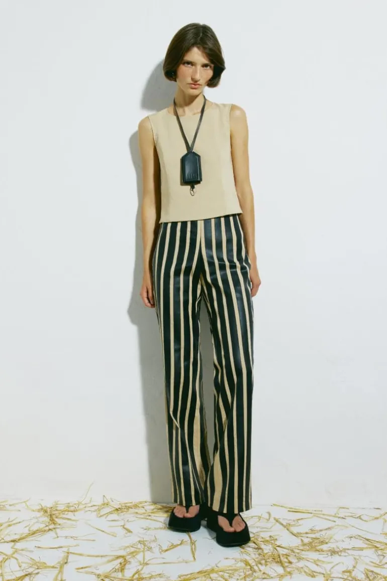 Pants<CULT MIA TES STRIPED HIGH-RISE STRAIGHT LEG PANTS Black/Beige