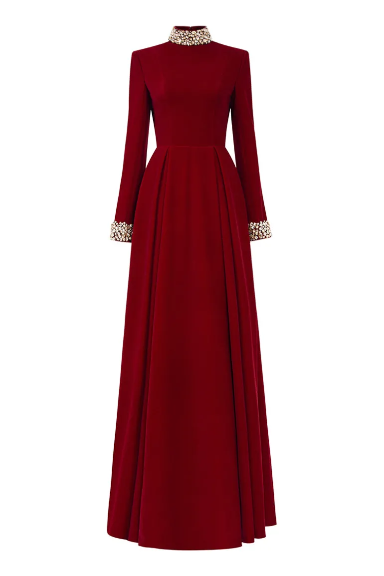 Dresses | Gowns<CULT MIA TURTLENECK COLLAR PLEATED WAIST VELVET GOWN Bordeaux