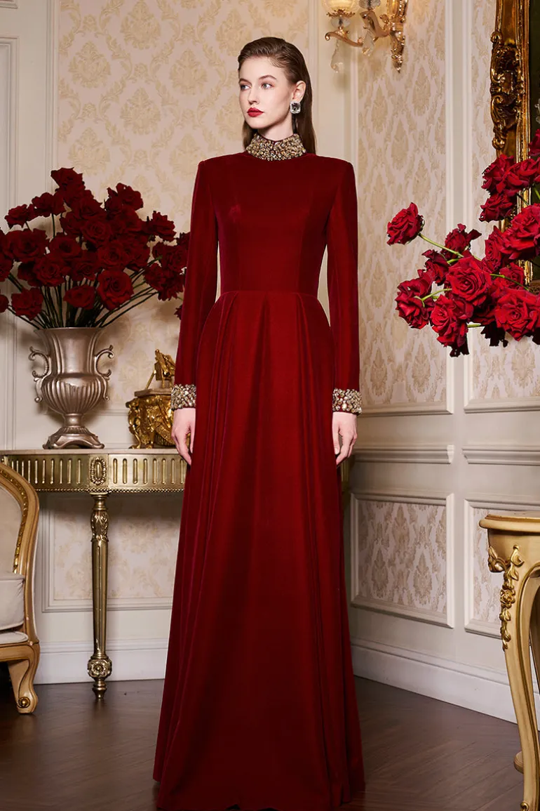 Dresses | Gowns<CULT MIA TURTLENECK COLLAR PLEATED WAIST VELVET GOWN Bordeaux