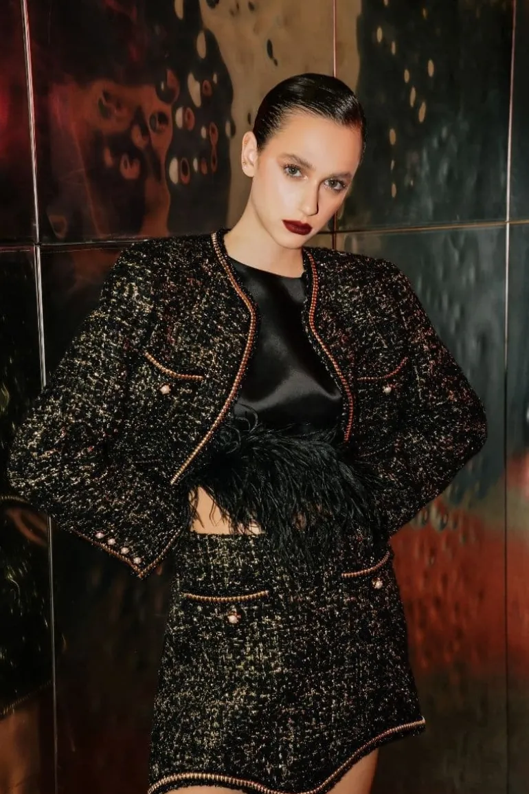 Jackets<CULT MIA TWEED BLACK WOOL-BLEND CROPPED JACKET