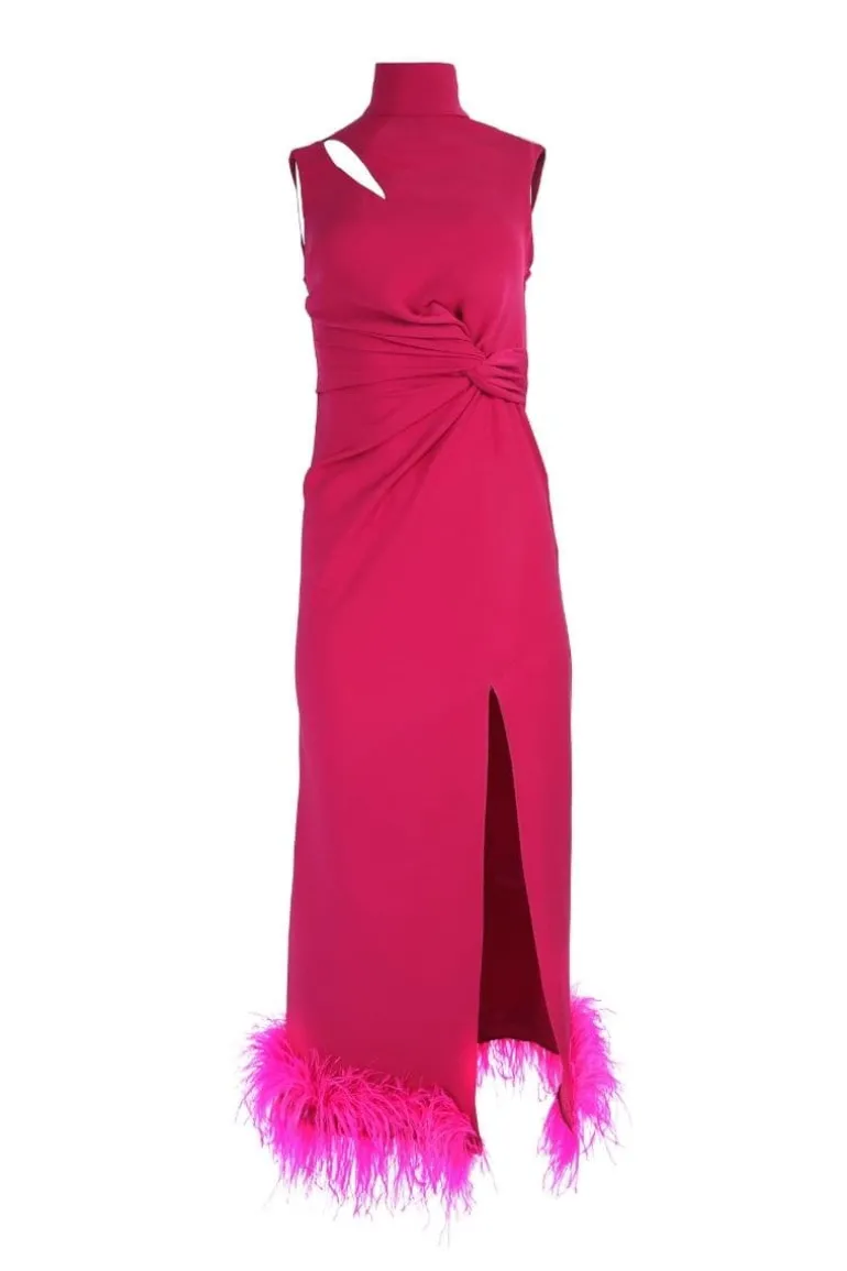 Dresses | Midi Dresses<CULT MIA TWIST KNOT HALTERNECK FEATHER MIDI DRESS Dark Fuchsia