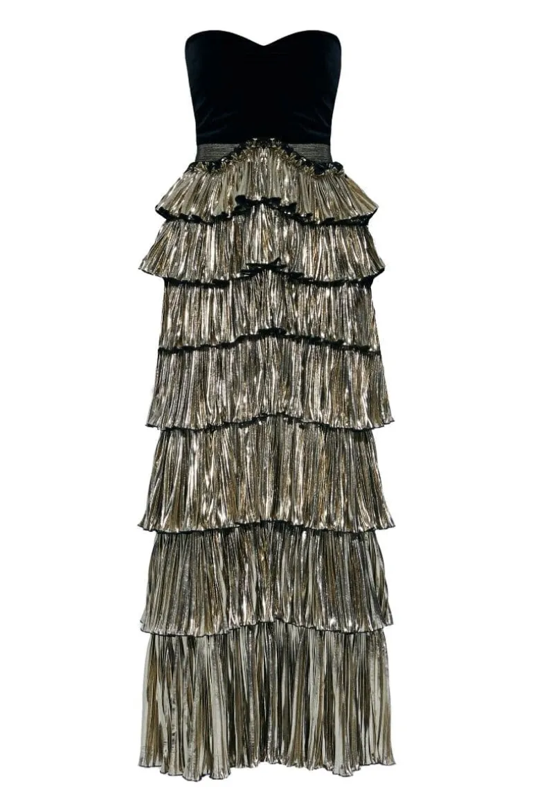 Dresses | Gowns<CULT MIA VERSAILLES STRAPLESS RUFFLE TIERED GOWN Gold/Black