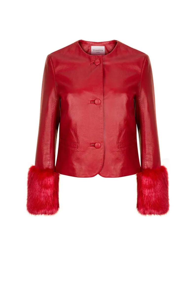 Jackets<CULT MIA VITA CROPPED FAUX FUR JACKET IN Red