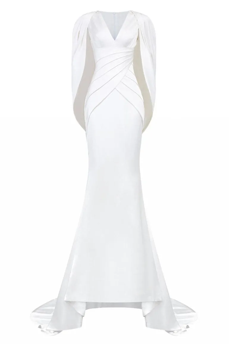 Dresses | Gowns<CULT MIA V-NECK MULLET GOWN WITH PLEATED CAPE Cream