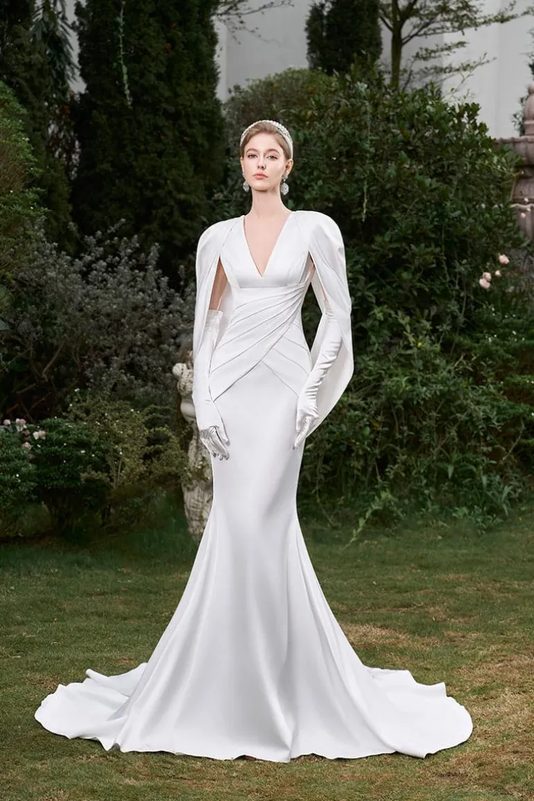 Dresses | Gowns<CULT MIA V-NECK MULLET GOWN WITH PLEATED CAPE Cream