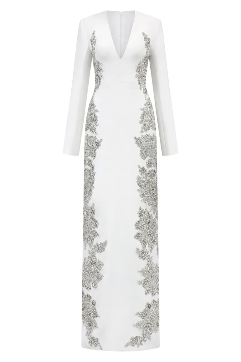 Dresses | Gowns<CULT MIA V-NECK SYMMETRIC SIDED CRYSTAL EMBELLISHED DRESS White