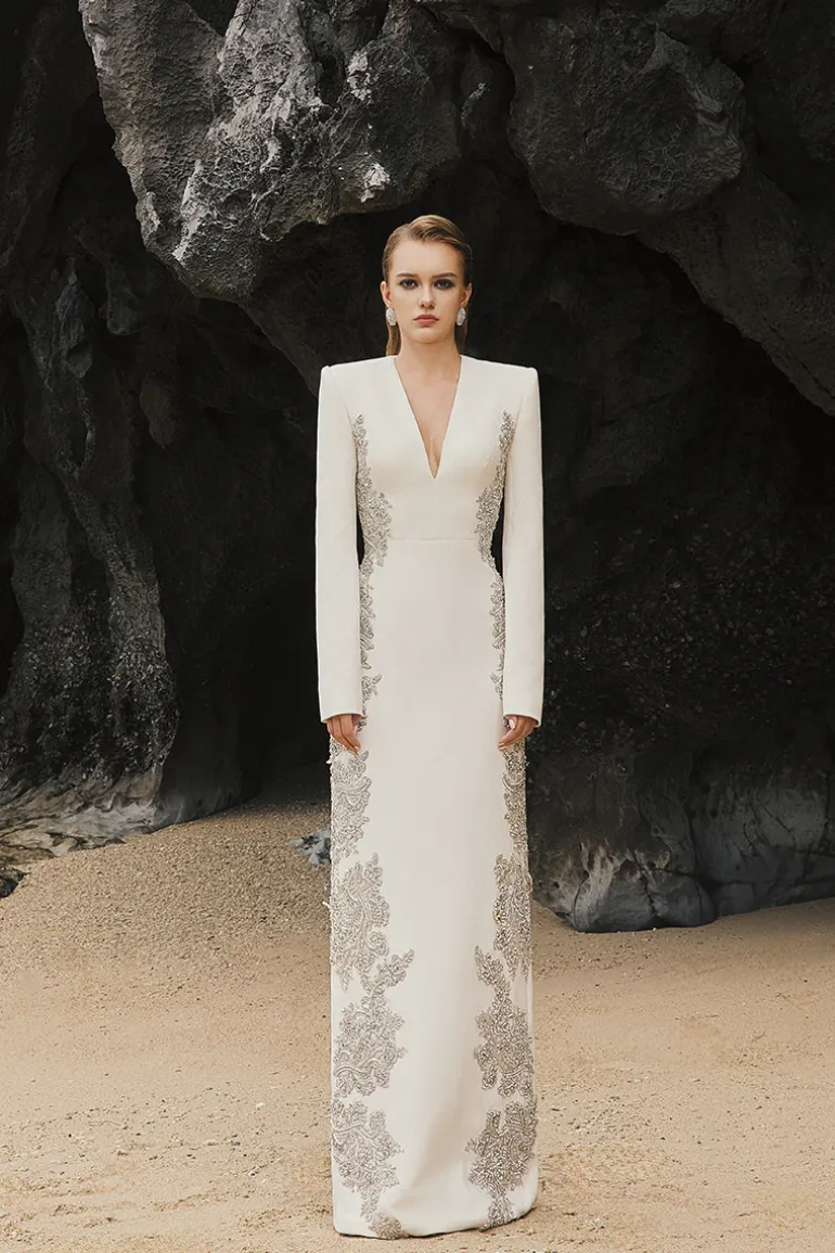 Dresses | Gowns<CULT MIA V-NECK SYMMETRIC SIDED CRYSTAL EMBELLISHED DRESS White