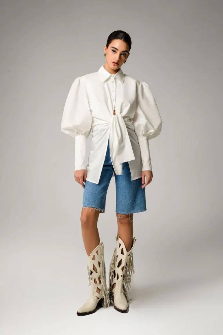 Tops<CULT MIA CUFFED SLEEVE FRONT TIE SHIRT White